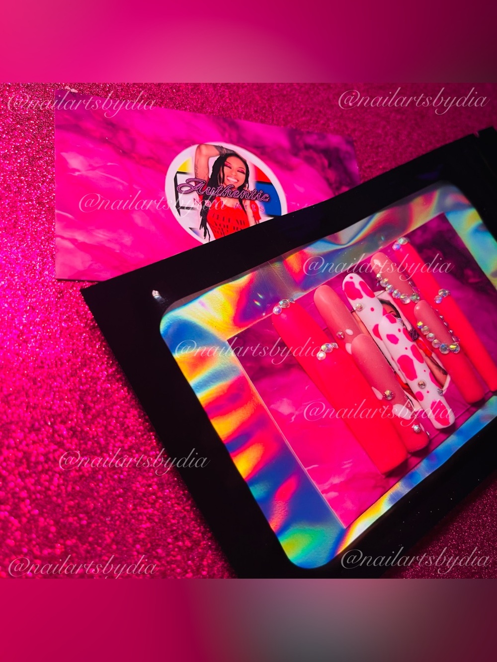 Hot Pink Crystal Cow Print Press-On Nails